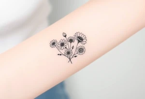 Small flower bouquet 1 daisy, 2 cosmo, 1 poppy, 1 chrysanthemum, tattoo idea
