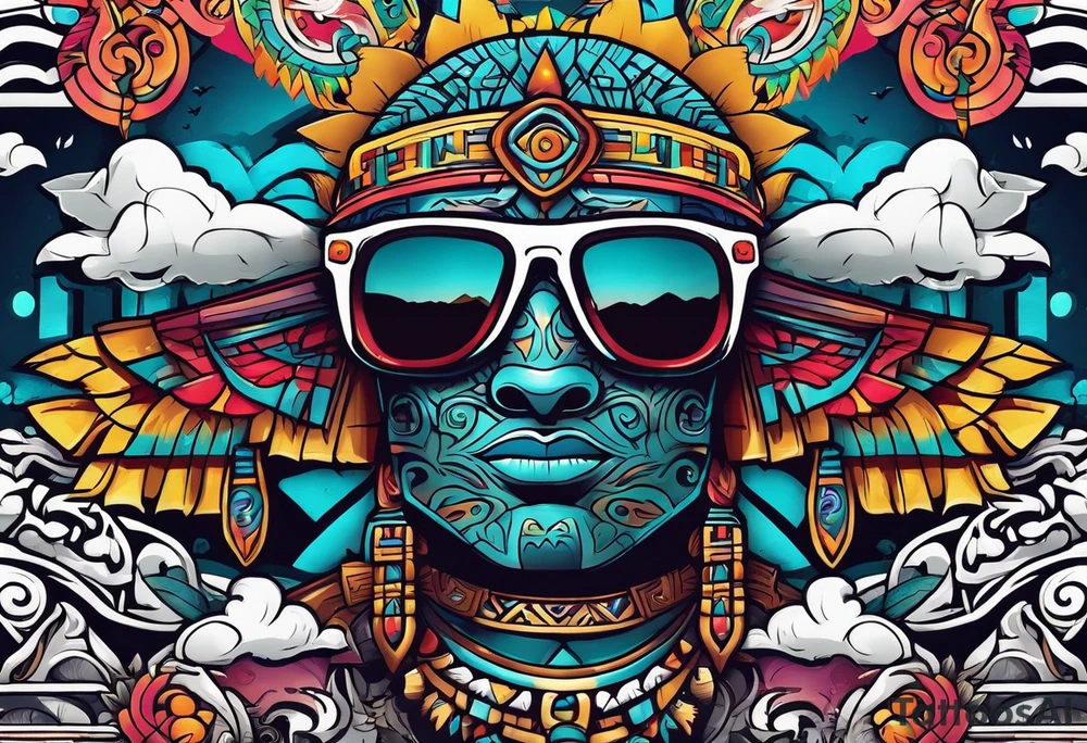Colorful Mayan hieroglyph wearing sunglasses with bats and water tattoo idea