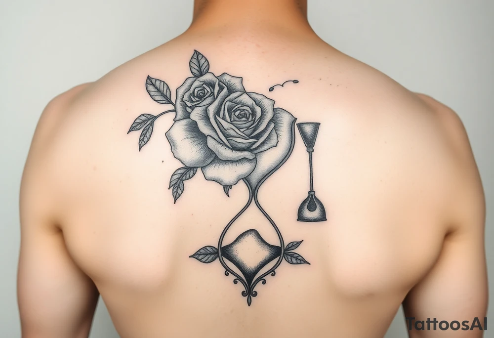Arose in the shape of a heart with pieces of the Rose blowing away in the wind and the other half an hourglass with the sand out of time black and white feminine realistic for the top of my shoulder tattoo idea