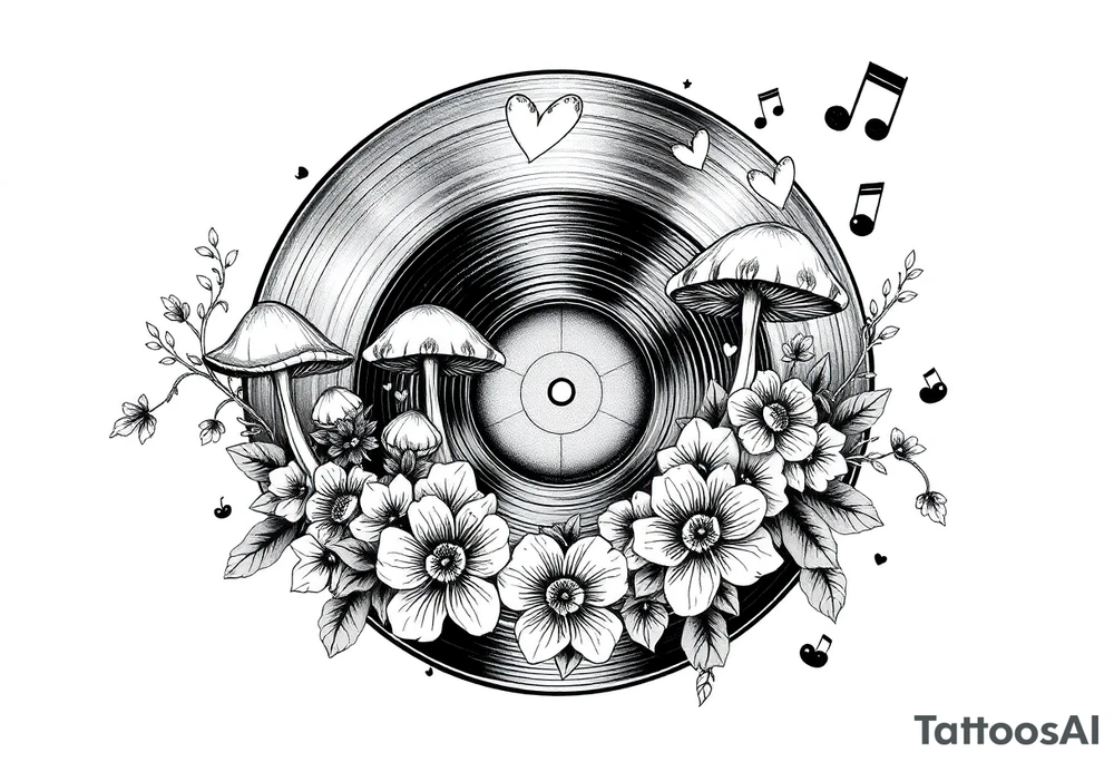 vinyl record with mushrooms, flowers, hearts, and music notes tattoo idea