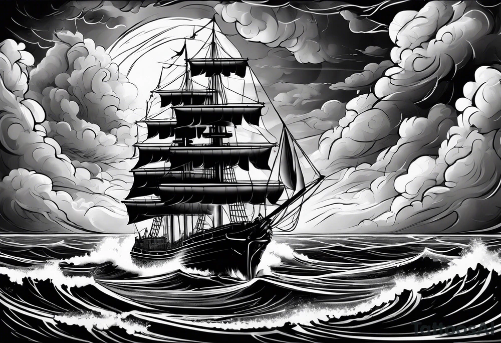 storm clouds with lightning surrounding a ship tattoo idea