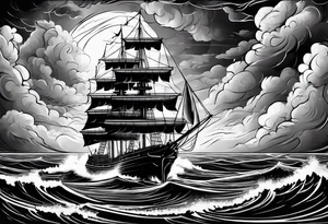 storm clouds with lightning surrounding a ship tattoo idea