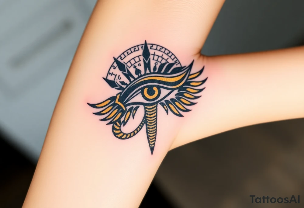 A bold black and gold Eye of Horus, with intricate hieroglyphs in the background tattoo idea