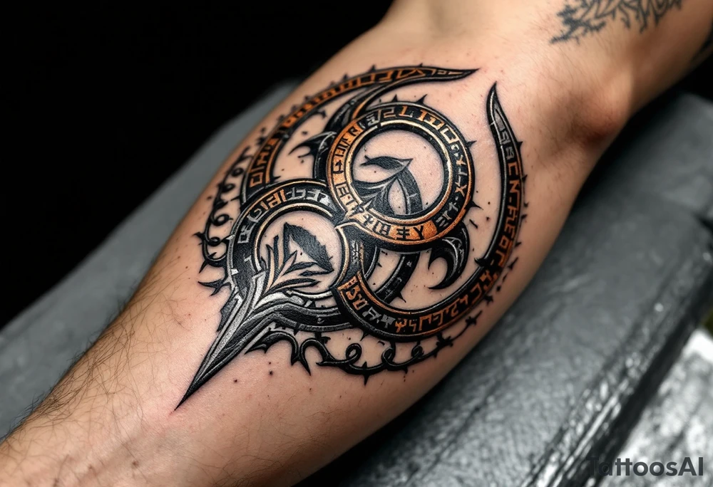A heavy, Viking-style triskelion spirals with a weathered iron or bronze texture, detailed with runes and Norse knotwork. Dark silver, deep copper, and black shading create a rugged, ancient look, symbolizing strength, resilience, and fate. tattoo idea