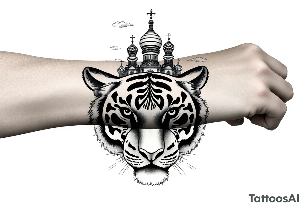 Realistic tiger face on the back of the hand with strong contrast and fine detail with hollow black eyes. with a highly detailed Russian Orthodox cathedral sitting above on fore arm with onion domes and orthodox crosses, done in fine line, engraving-like style. Cohesive composition, black ink only, no color, high contrast, slightly aged, documentary-style, plain light background. with clouds above and a virgin mary tattoo idea