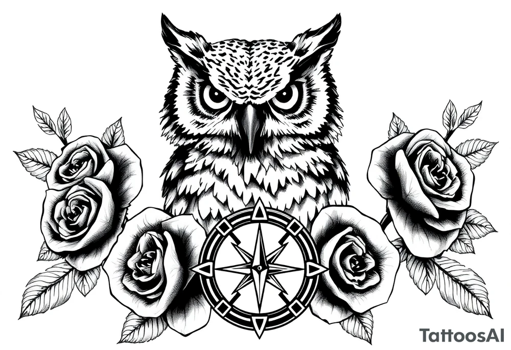 an owl,compass,roses, tattoo idea