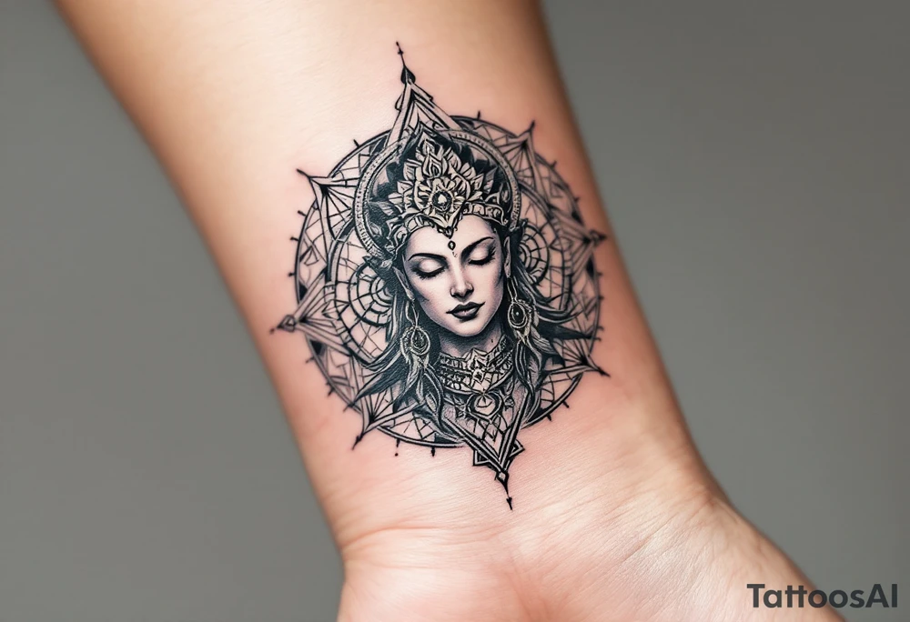 dmt enlightenment deity with sacred geometry behind tattoo idea