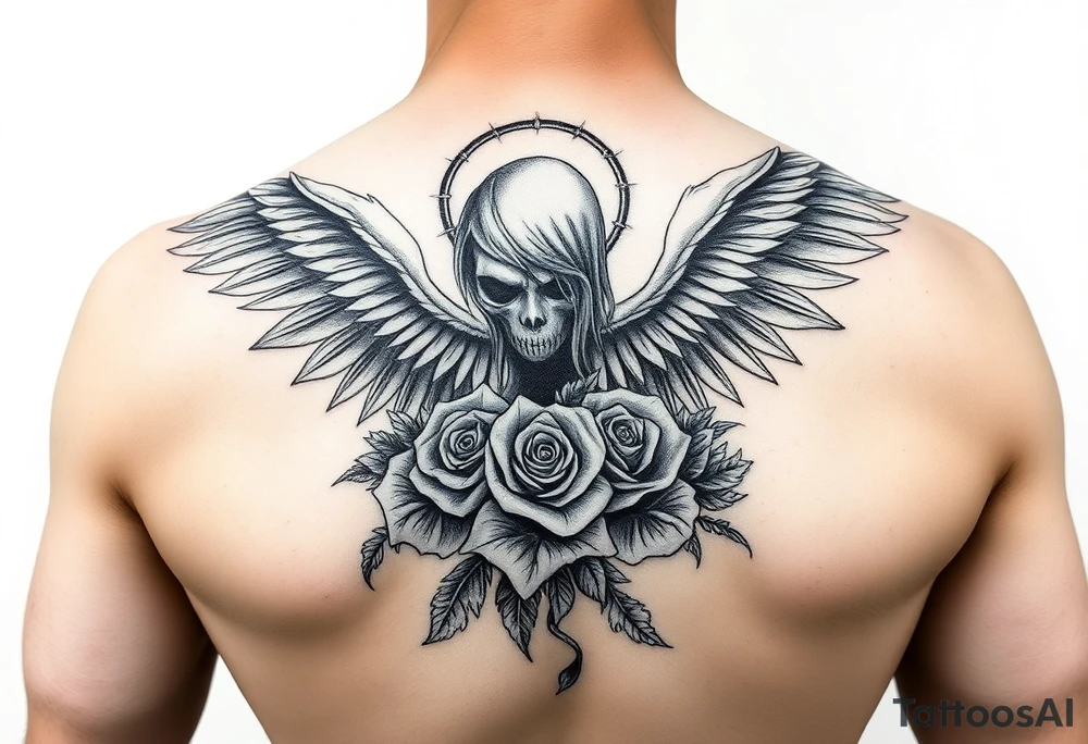 Dark fallen angel with roses tattoo idea