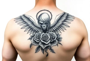 Dark fallen angel with roses tattoo idea