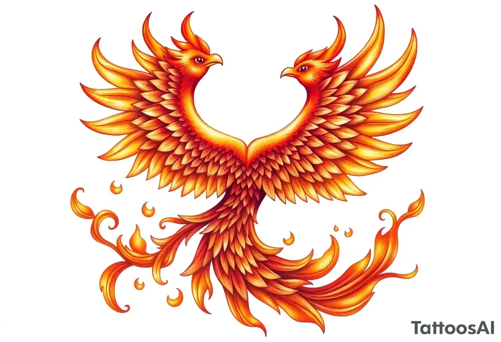 magnificent phoenix rising from golden flames with trailing embers tattoo idea