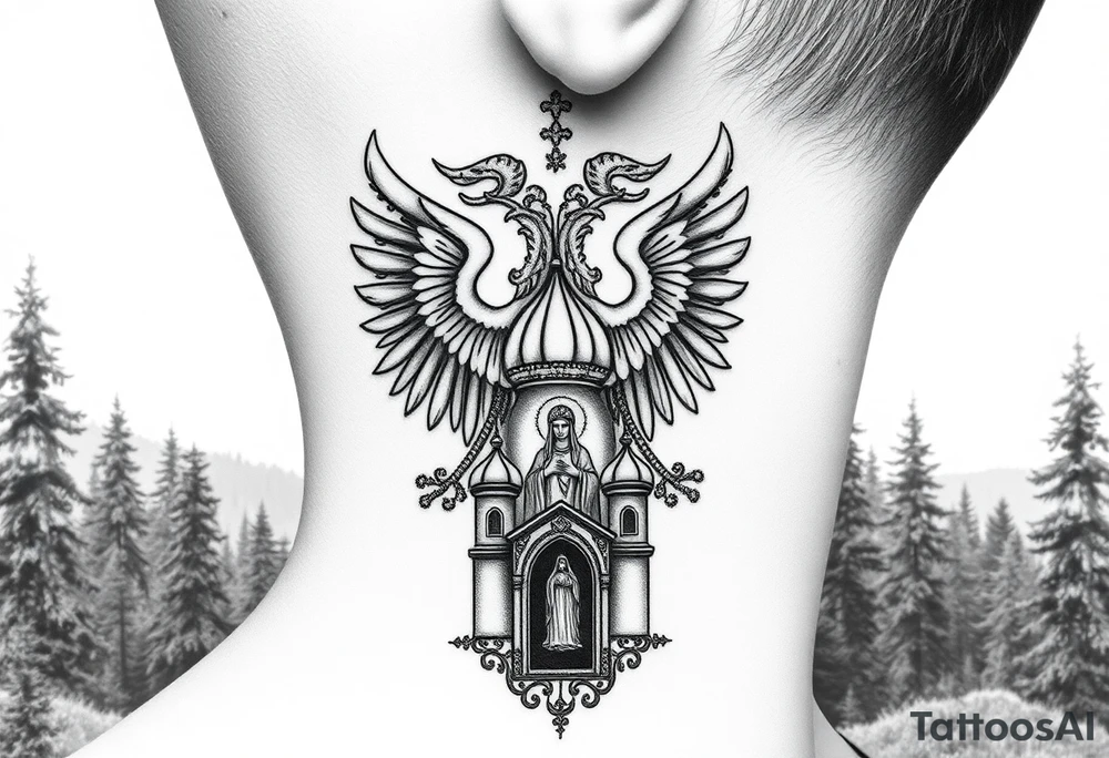 russian coat of arms double headed eagle traditional christian orthodox cross with a virgin mary stood in the entrance of a russian orthodox dome church on the side of the neck in a wilderness setting tattoo idea