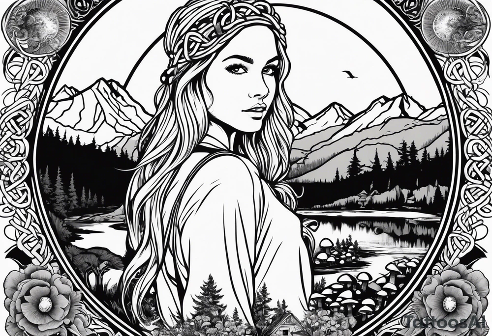 Whole picture encircled fully

Straight long blonde hair hippie girl in distance holding mushrooms in hand facing away toward mountains and creek surrounded by mushrooms long sleeve shirt and hiking pants; whole rendering within a full celtic circle border, no cut off circle tattoo idea