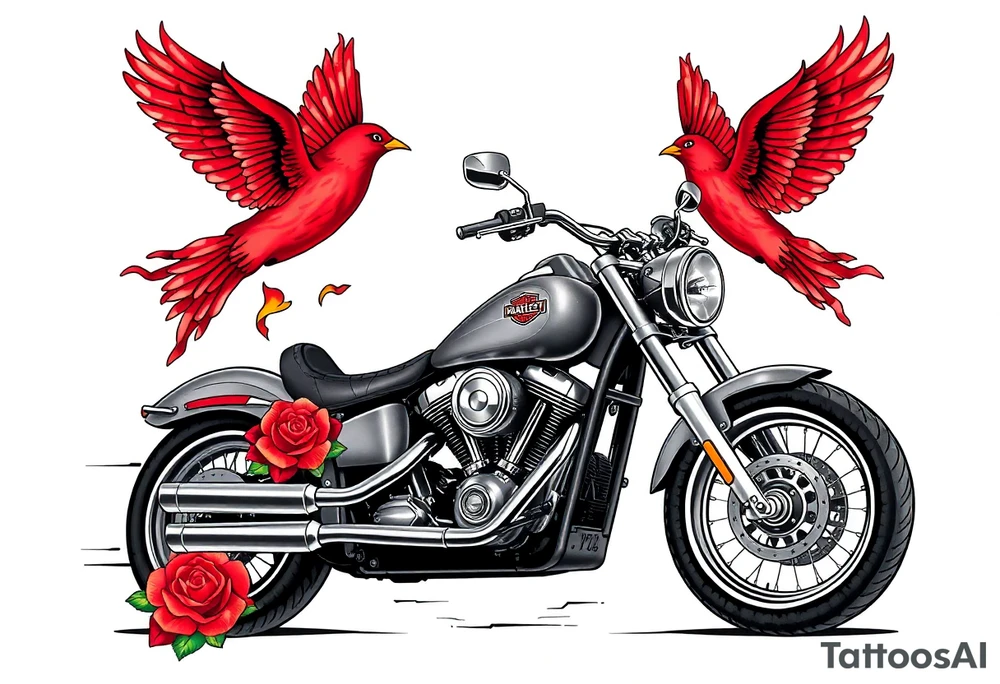 Harley grey motorcycle driving away, two red birds flying, roses, flames, angel wings tattoo idea
