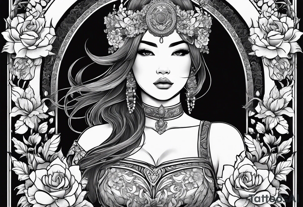 ornate beautiful woman warrior with weapon & floral arch background tattoo from head to torso tattoo idea