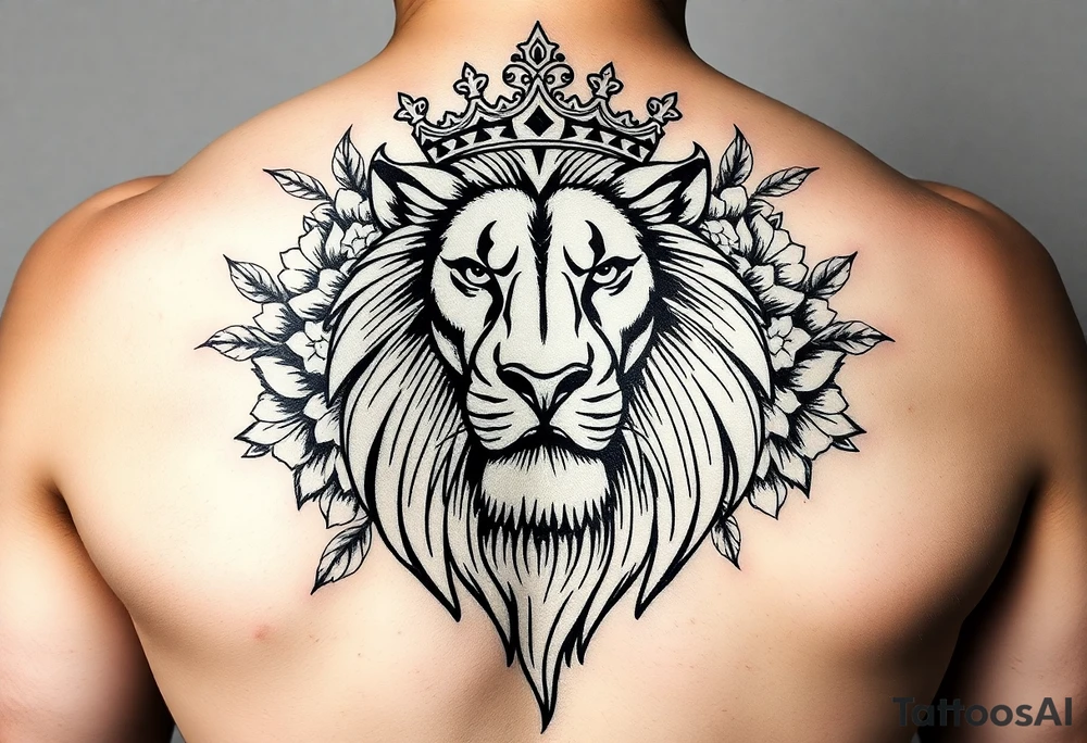 powerful majestic lion with a crown, surrounded by floral ornaments tattoo idea