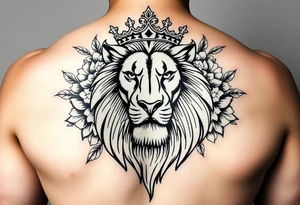powerful majestic lion with a crown, surrounded by floral ornaments tattoo idea