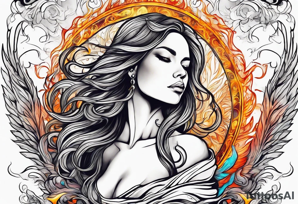 Resurrection strength and courage Beautiful Woman walking through fire and chaos to inner peace and self-love  ethereal tattoo idea