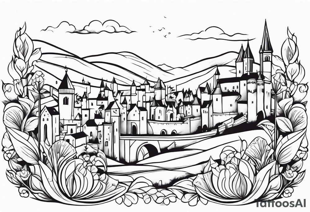 medieval tribal city 
floral  land  vignette tattoo idea