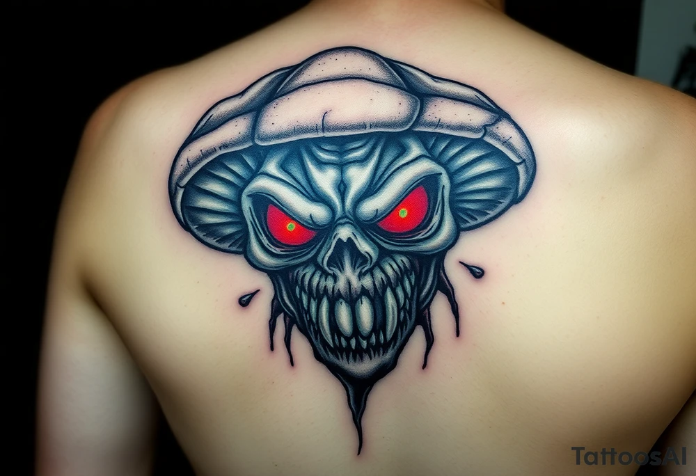 *"A realistic yet caricature-style human-faced mushroom, sinister demonic expression, glowing hollow eyes, jagged teeth, and wrinkled skin texture. Dark fantasy theme, black and blood-red ink with subtle green shadows (like bioluminescent decay).
Small tattoo design (5-7 cm), intricate shading (cross-hatching and stippling), inspired by Victorian grotesque illustrations and Tim Burton's style. Do not make it cute; focus on horror and uncanny vibes."* tattoo idea