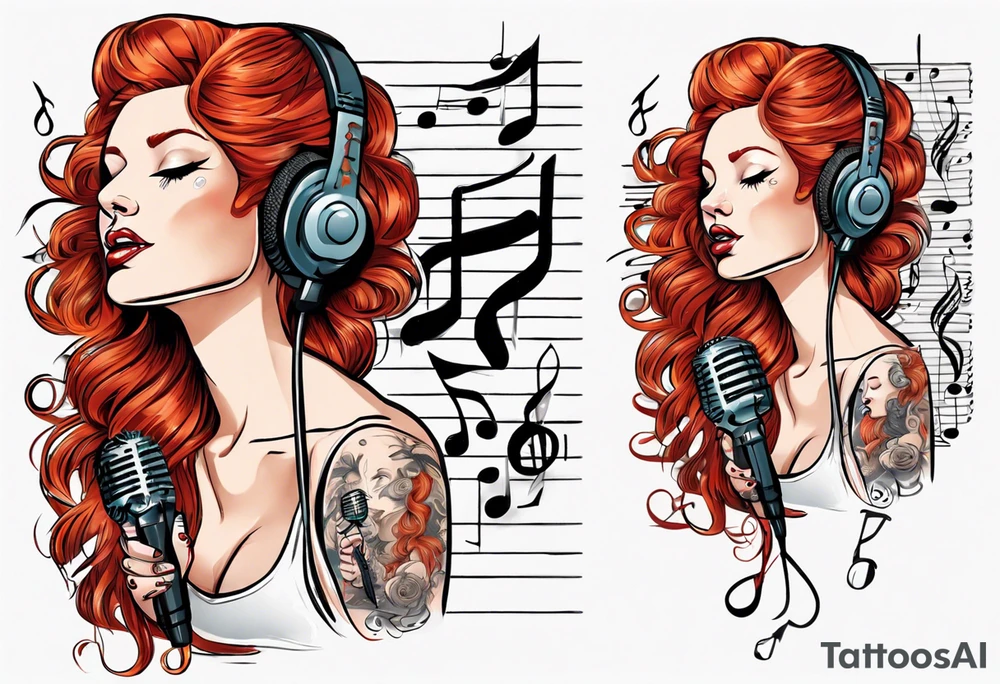 Redhead woman with Music score as her hair and a microphone tattoo idea