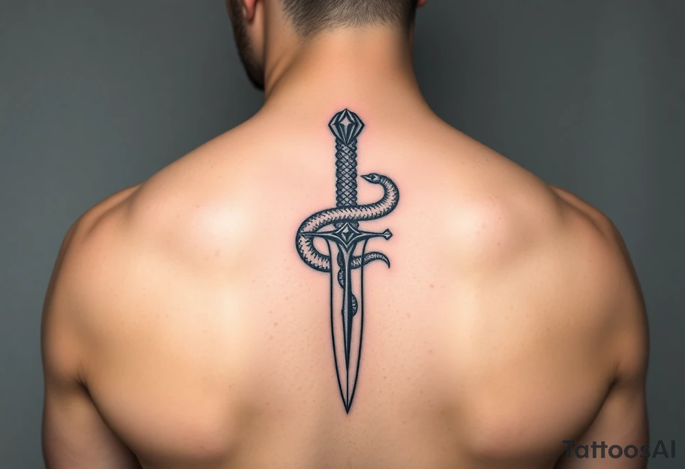 mystical snake coiled around an ancient dagger with jeweled hilt tattoo idea