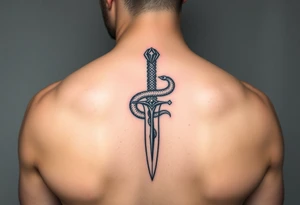 mystical snake coiled around an ancient dagger with jeweled hilt tattoo idea