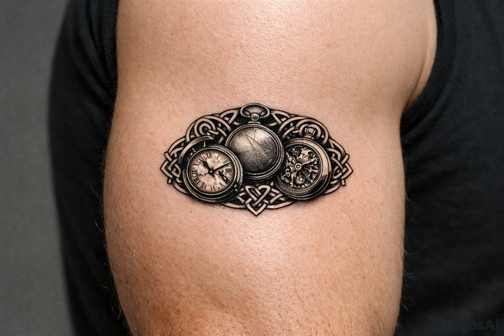 A trio of pocket watches, open and closed, framed by Celtic spirals. larger tattoo idea