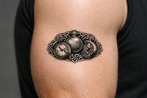 A trio of pocket watches, open and closed, framed by Celtic spirals. larger tattoo idea