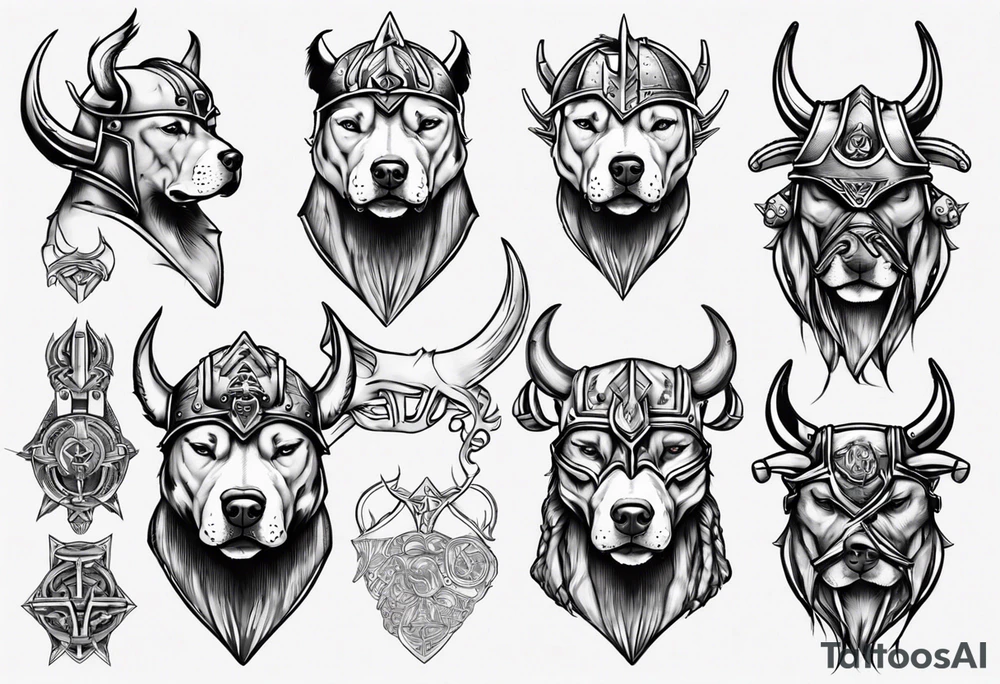 Pitbull wearing a viking helmet tattoo idea