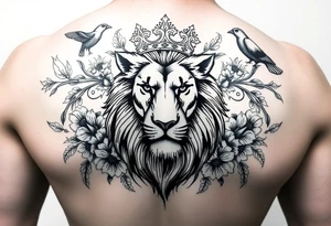 powerful majestic lion with a crown, surrounded by floral ornaments and birds tattoo idea