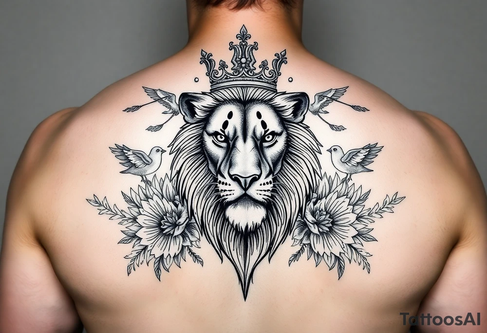 powerful majestic lion with a crown, surrounded by floral ornaments and birds tattoo idea