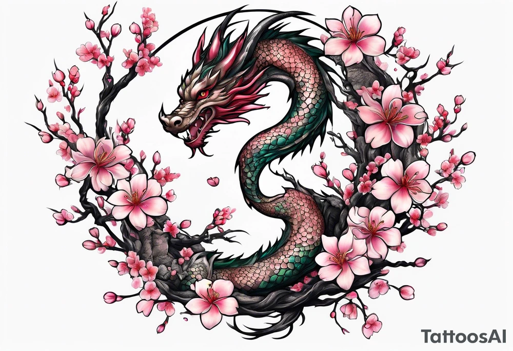 Delicate feminine dragon intertwined in cherry blossom tattoo idea