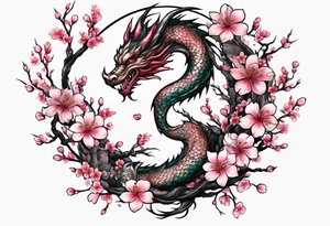 Delicate feminine dragon intertwined in cherry blossom tattoo idea