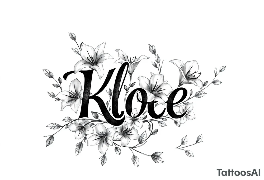 The word Kloee surrounded by lilies with the vines in letters tattoo idea