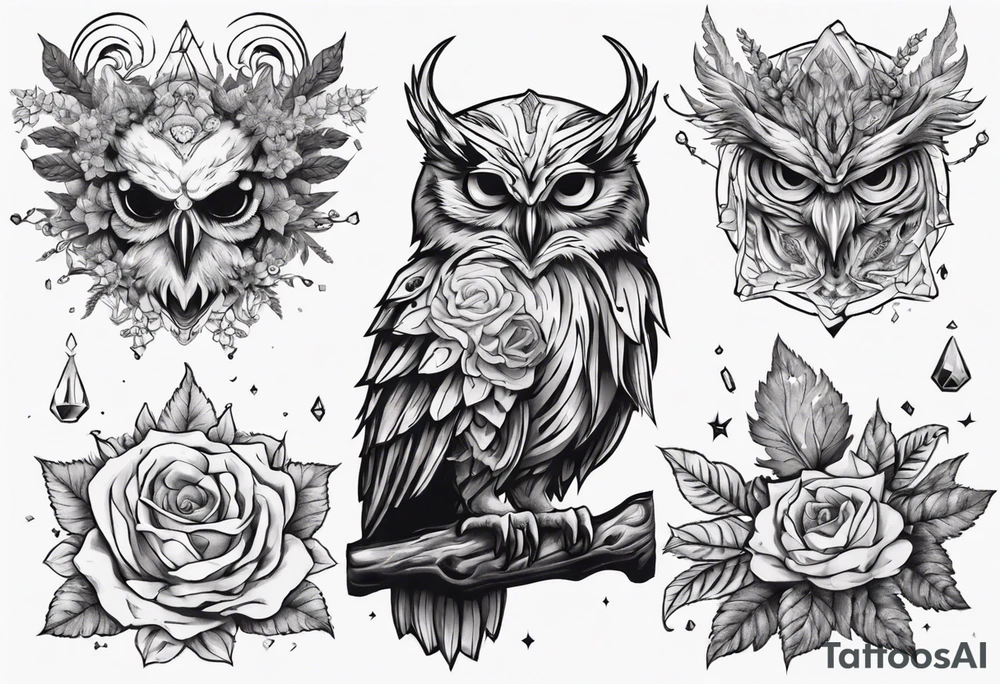 Demon crowned Owl surrounded by poisonous plants, crystals and astrology. tattoo idea