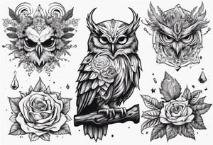 Demon crowned Owl surrounded by poisonous plants, crystals and astrology. tattoo idea