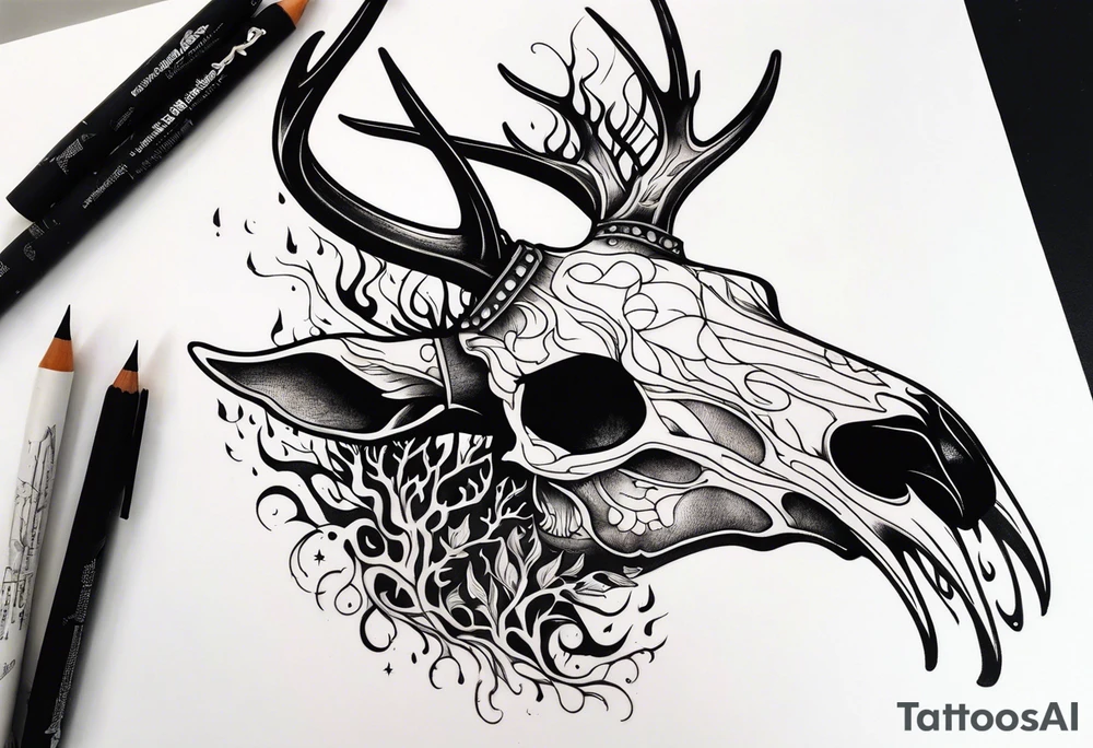 side profile of a DECAYING deer skull JUST BONE supernatural cannibal surrounded by a flames and trees tattoo idea