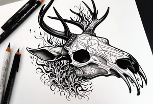 side profile of a DECAYING deer skull JUST BONE supernatural cannibal surrounded by a flames and trees tattoo idea