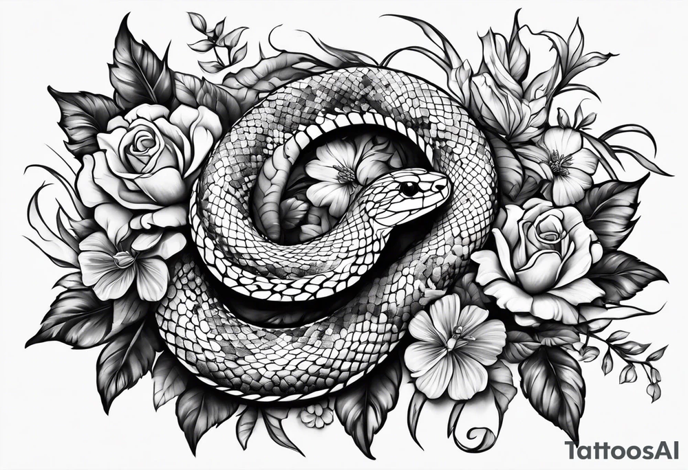 Snake with cross and flowers tattoo idea