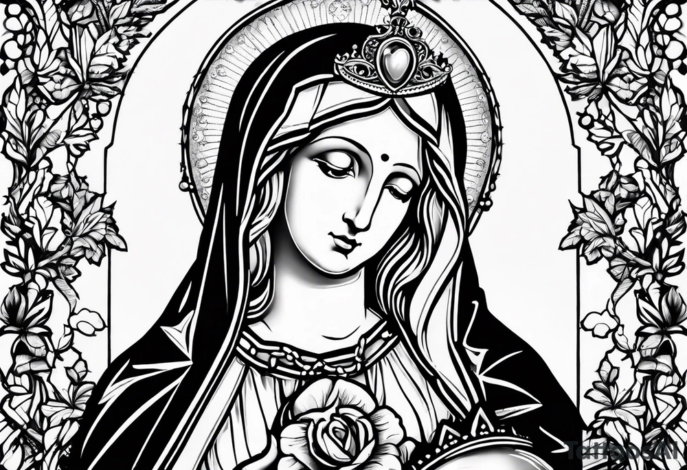Blessed virgin mary holding jesus with crown her immaculate heart and a rosary tattoo idea