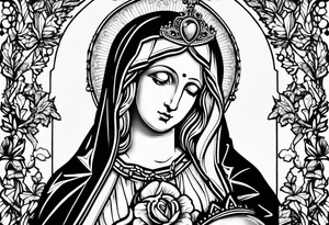 Blessed virgin mary holding jesus with crown her immaculate heart and a rosary tattoo idea