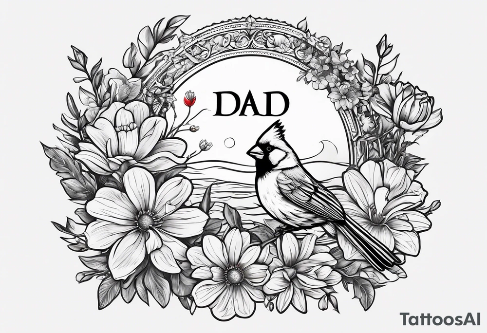 Aster flowers and sea rocket flowers with a cardinal around the words Dad tattoo idea