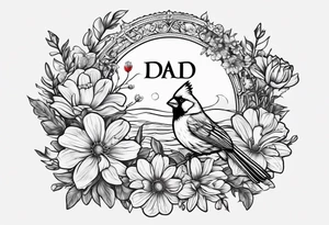 Aster flowers and sea rocket flowers with a cardinal around the words Dad tattoo idea