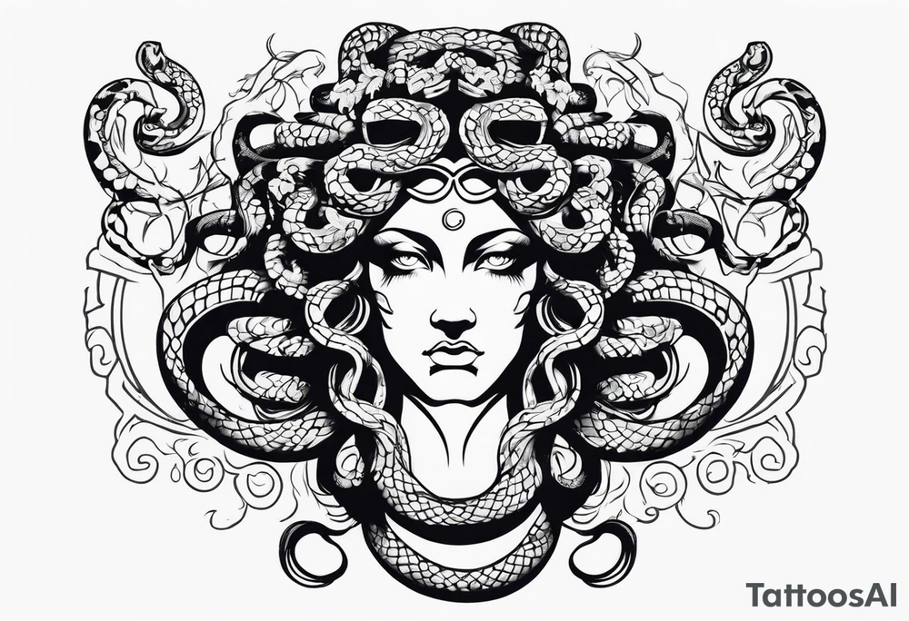 Suspicious and 
Scary Greek god medusa with snake hairs tattoo idea