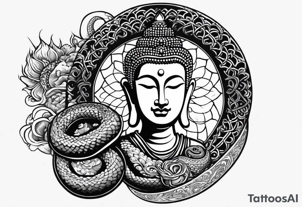 Full left arm tattoo. Below the elbow all black. In the bícep a buddhist endless knot. In the trícep a face of Buddha, half man half skull. On the shoulder a Lotus. Through the arm a kundalini snake, aerial view. As the snake enters the black part below the elbow snake in white. The head terminares near the wrist. Below the word dukkha in sanskrit tattoo idea