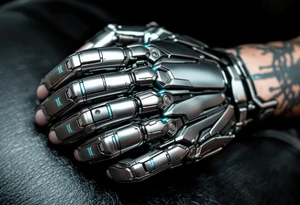 A tattooed mechanical glove with brushed silver plating and soft teal light strips running along the knuckles. tattoo idea