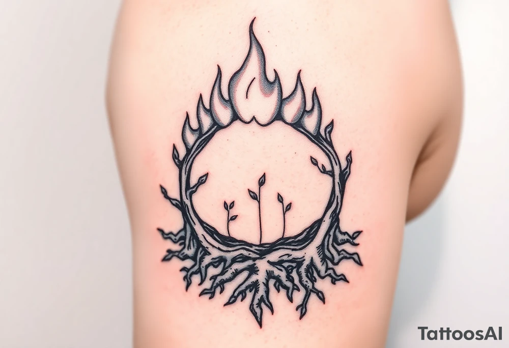 flame in a roots circle, with little sprouts on the archway tattoo idea