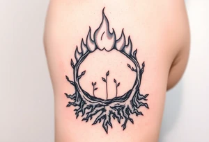 flame in a roots circle, with little sprouts on the archway tattoo idea