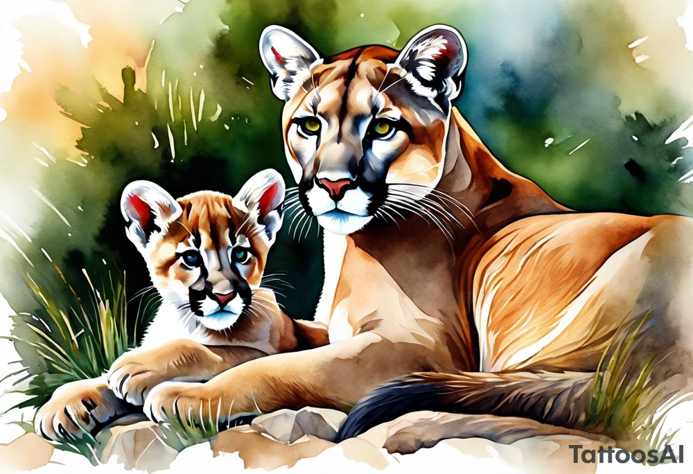 Mother mountain lion with 2 cubs, mother otter with 1 baby and mother flicker bird with one baby tattoo idea