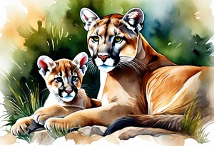 Mother mountain lion with 2 cubs, mother otter with 1 baby and mother flicker bird with one baby tattoo idea